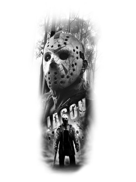 Jason Voorhees Art Drawing, Jason Horror Tattoo, Horror Forearm Tattoo, Horror Movie Tattoo Designs, Jason Mask Drawing, Tattoos Horror Movies, Horror Movies Tattoos, Jason Tattoo Design, Jason Tattoo Friday The 13th