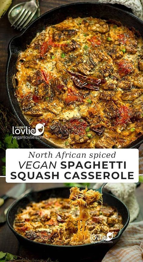 North African Spiced Vegan Spaghetti Squash Casserole - Warmly infused with North African spices - ras el hanout, this Vegan Spaghetti Squash Casserole with crispy tempeh can be served as a side dish or lower carb alternative to pasta or rice.  A delicious and easy to make vegan casserole that’s also gluten-free. #spaghettisquash #spaghettisquashrecipes  #vegancasserole #veganrecipes #glutenfree glutenfreerecipes Vegan Spaghetti Squash Casserole, Spaghetti Squash Vegan, Vegan African Recipes, Crispy Tempeh, Spaghetti Squash Recipes Vegan, Vegan Casserole Recipes, Vegan Spaghetti Squash, Vegan Spaghetti, Spaghetti Squash Casserole