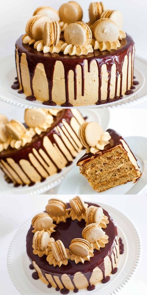 Bananoffee Cake, Cakes With Ganache, Birthday Coffee Cake, Coffee Caramel Cake, Layered Cake Ideas, Kahula Cake, Caramel Coffee Cake, Coffee Macarons, Cake With Chocolate Ganache