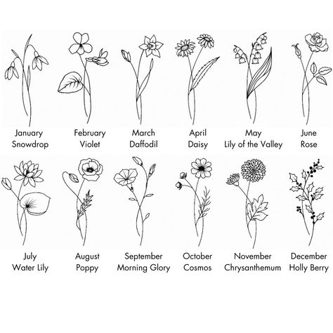 Birth Month Flower Line Drawing, Flowers For Each Month Tattoo, Birth Flowers Embroidery, Embroidery Birth Flowers, Embroidery Tattoo Flower, Birth Flower Embroidery Pattern, Birth Month Flowers Tattoo Combined, Flower Tattoo Inner Bicep, Birth Flowers By Month