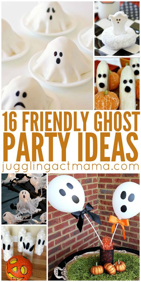 Cute Ghost Party Ideas - recipes, activities and more! http://jugglingactmama.com/2015/09/16-cute-ghost-party-ideas.html Ghost Party Ideas, Ghost Theme Party, Party Themes For Kids, Diy Halloween Food, Ghost Birthday, Ghostbusters Party, Ghost Theme, Halloween Bunting, Ghost Party