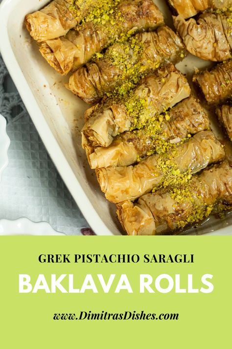 Perfectly sweet phyllo rolls filled with ground pistachios. A special Greek dessert. Bougatsa Recipe, Baklava Rolls, Creative Dessert Recipes, Greek Recipes Authentic, Pistachio Baklava, Turkish Baklava, Baklava Recipe, Orange Blossom Water, Greek Desserts