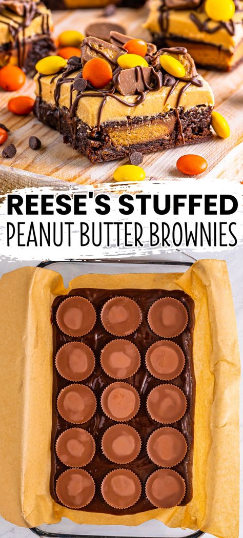 Reese's Peanut Butter Brownies are an out of this world treat for anyone who loves the irresistible combo of peanut butter and chocolate! #BreadBoozeBacon #reesespeanutbuttercup #peanutbutter #brownies #peanutbutterfrosting #reeses #peanutbuttercups #stuffedbrownies #dessert #chocolate #chocolatelover #halloween Reese’s Brownies Recipe, Peanut Butter Halloween Desserts, Chocolate Peanut Butter Treats, Out Of This World Desserts, Reese’s Stuffed Brownies, Reeses Peanut Butter Brownie, Reese’s Peanut Butter Recipes, Reeses Peanut Butter Dessert Recipes, Reese’s Peanut Butter Brownies