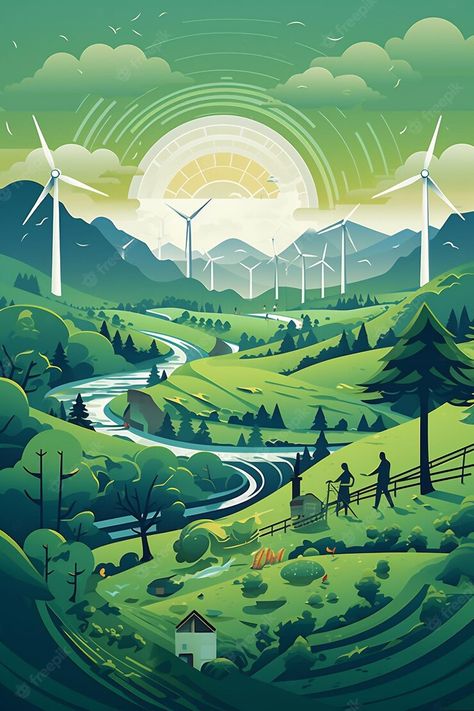 Wind Farm Illustration, Eco Poster Design, Environment Poster Design, Farm Infographic, Go Green Poster, Farm Graphic Design, Green Poster Design, Nature Poster Design, Natural Photo Editing