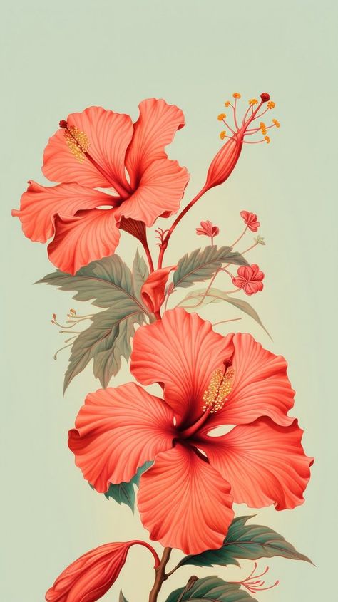 Vintage drawing red Hibiscus hibiscus | Premium Photo Illustration - rawpixel Red Colour Flower Wallpaper, Pencil Colours Art Drawings, Iphone Wallpaper Tropical, Hibiscus Wallpaper, Minimalist Iphone Wallpaper, Tropical Hotel, Aesthetic Mobile, Hotel Artwork, Flower Minimalist