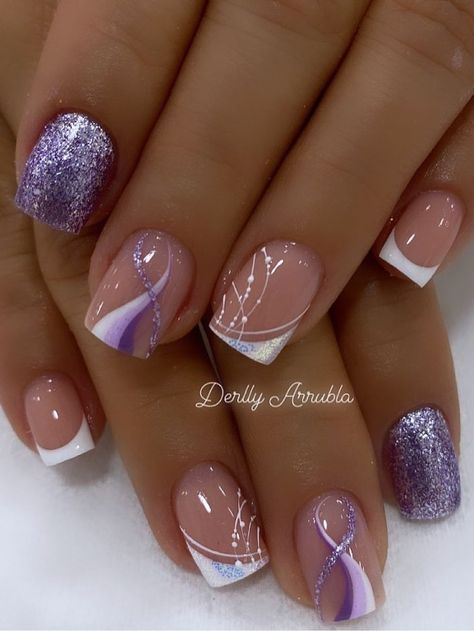 short, glittery purple nails with swirls and French tips Nail Ideas 2023 Purple, Lilac Nails Design, Purple Nail Art Designs, Purple Nail Art, Lilac Nails, Purple Nail Designs, Lavender Nails, Fancy Nails Designs, Purple Nail