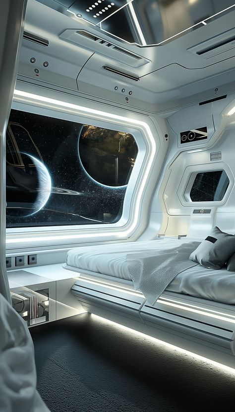 A sleek and clean futuristic sci-fi fi spaceship bedroom cabin, white and chrome, large bay window to the infinite galactic space, planets and stars --v 6 Spaceship Interior Bedrooms, Spaceship Bedroom, Sci Fi Bedroom, Sci Fi Rooms, Spaceship Room, Spaceship Aesthetic, Large Bay Window, Sci Fi Room, Futuristic Room