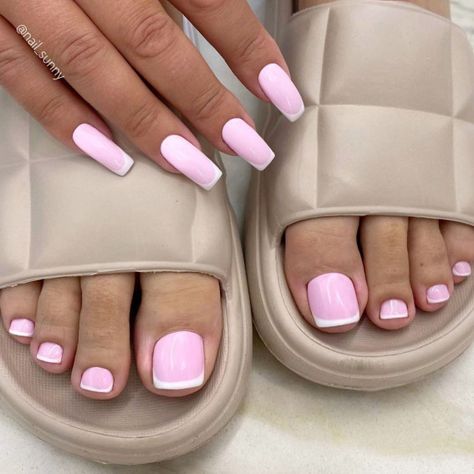 Basic Acrylic Nail Designs, Pedicure Ideas White, Pink French Pedicure, Trending Pedicure, Trendy Pedicure, Pink Pedicure, Pink Toe Nails, Pedicure Designs Toenails, French Pedicure