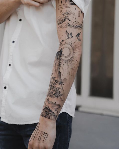 Masculine Tattoo Sleeves, Nature Tattoo Ideas Women, Underground Tattoo Ideas, Background Tattoo Design, Natur Tattoo Arm, Full Hand Tattoo, Nature Tattoo Sleeve, Geometric Sleeve Tattoo, Band Tattoos