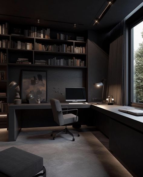 Office Interior Design For Men, Study Room Decor Men, Mens Desk Setup, Luxury Study Room Design, Dark Study Room, Study Corner Ideas, Luxury Study Room, Dark Home Office, Studying Room