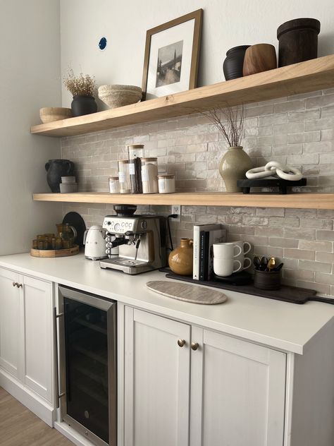 Coffee Bar In Family Room, Dinner And Living Room Together, Coffee Bar Wall Shelves, Coffee Bars In Kitchen Modern, Coffee Nook In Kitchen, Console Table Coffee Bar, Coffee Bar Shelves, Modern Coffee Bar Ideas, Expresso Bar