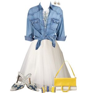 Denim Shirt & White Tulle Skirt Denim Themed Party, Denim And Diamonds Party Outfit, Denim Wedding Dresses, Denim Party Outfit, Diamonds And Denim Party, White Denim Outfit, Denim And Pearls, White Party Outfit, Tutu Skirt Women