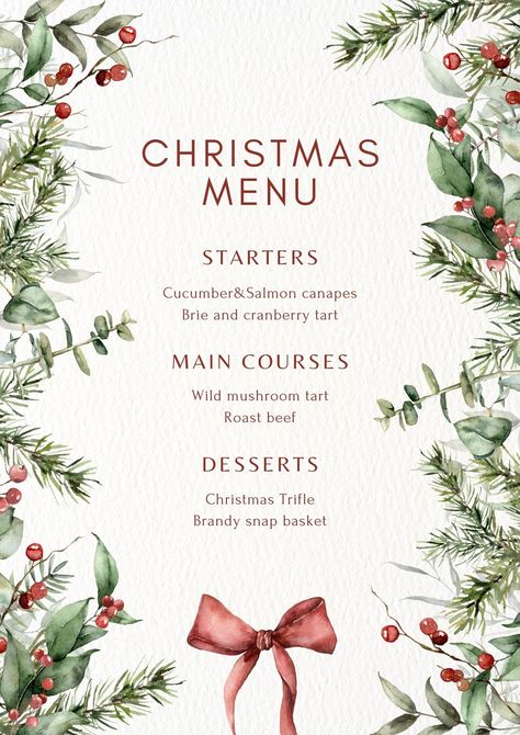 Menu Design Ideas Templates, Watercolor Botanical Flowers, Christmas Menu Design, Christmas Menu Template, Christmas Party Menu, Xmas Menu, Christmas Diner, New Year Menu, Christmas Trifle