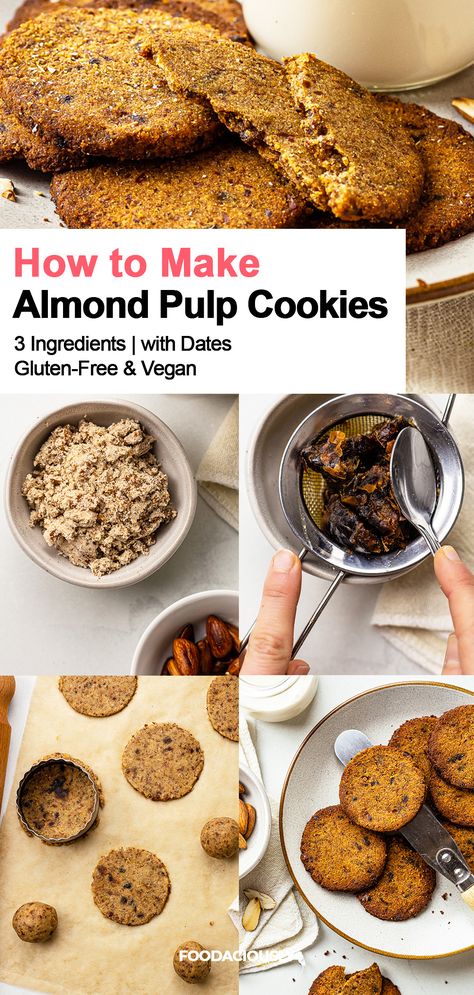 steps of preparing almond pulp cookies Almond Pulp Cookies, Almond Pulp Recipes, Recipe Web, Pulp Recipe, Make Almond Milk, Almond Milk Recipes, Homemade Almond Milk, 3 Ingredient Recipes, Almond Flour Recipes