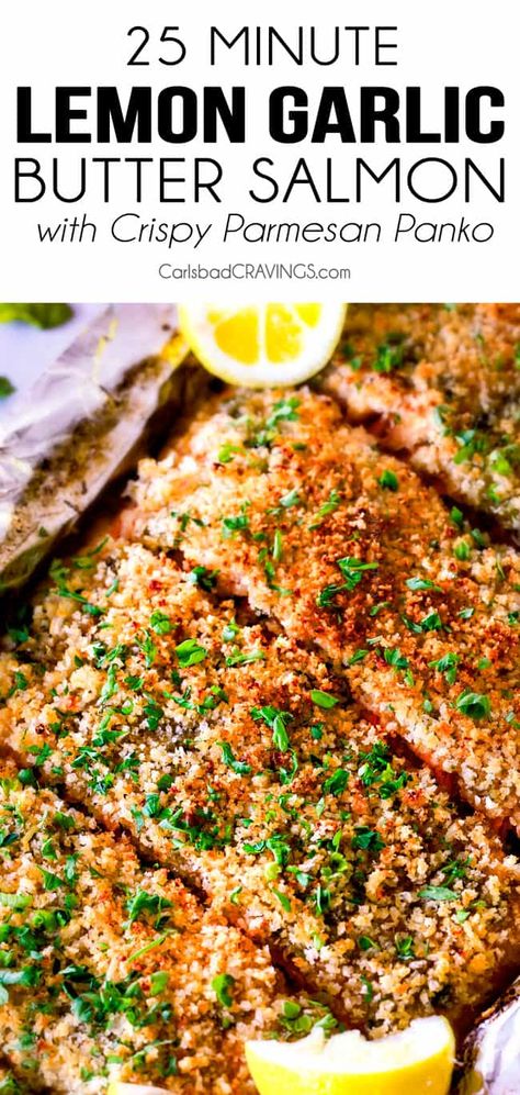 Panko Broccoli, Oven Baked Salmon Fillet, Lemon Garlic Butter Salmon, Salmon Garlic, Breaded Salmon, Oven Baked Salmon Recipes, Salmon Recipes Oven, Salmon Fillet Recipes, Parmesan Salmon