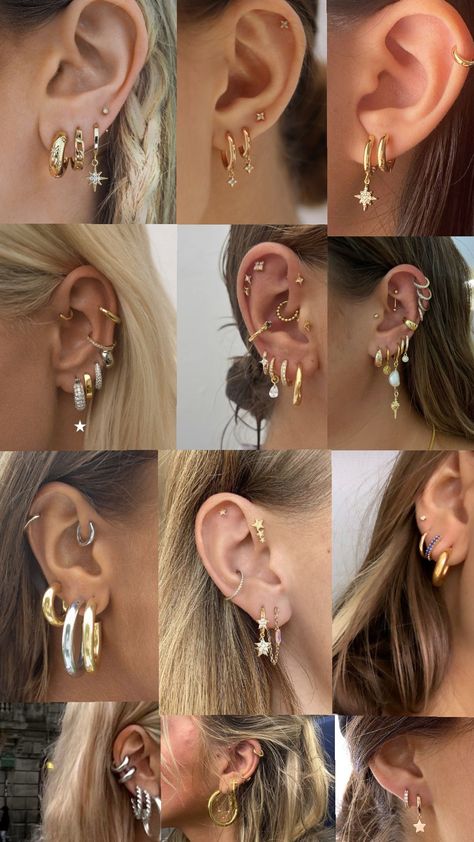 earrings pierced #earringspierced #inspo #jewelry #jewelryinpo #earringsjewelry Cute Dainty Piercings, Ear Piercing Ideas Big Earlobes, Earring Combinations Silver, Full Ear Of Piercings, Left Vs Right Ear Piercings, 7 Ear Piercings, Designed Ear Piercings, Earring Stack Ideas Mixed Metals, Ear Piercing Inspo Gold