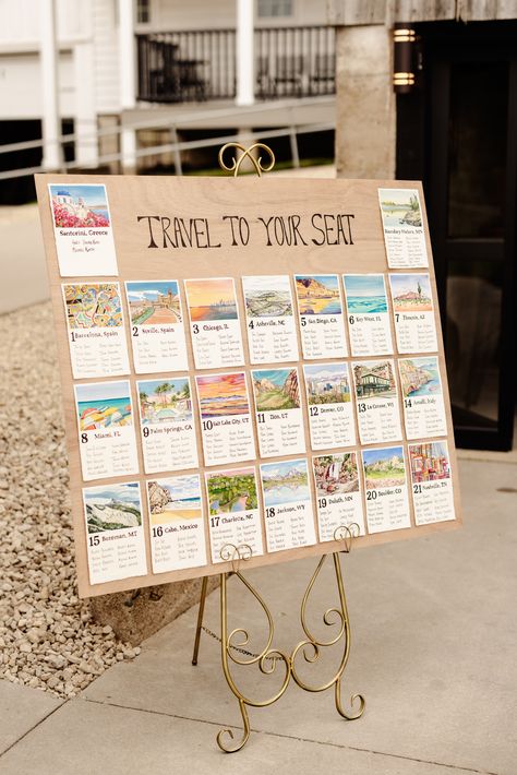 Explore a unique love story through art with this one-of-a-kind seating chart, adorned with hand-painted locations that hold significance for the bride and groom. 🎨✨ This personalized masterpiece replaces traditional table numbers with cherished memories, making every seat a part of their journey. Crafted with love by a bridesmaid, it's a heartfelt touch that transforms the wedding experience into a visual tale of their adventures. Creative Find Your Seat Wedding, Wedding Table Number Unique, Wedding Find Your Seat Ideas Table Numbers, Our Favorite People Our Favorite Places Seating Chart, Wedding Table Numbers Travel, Post Card Wedding Seating Chart, Seating Chart Alternative, Travel To Your Seat Wedding, Lego Wedding Seating Chart