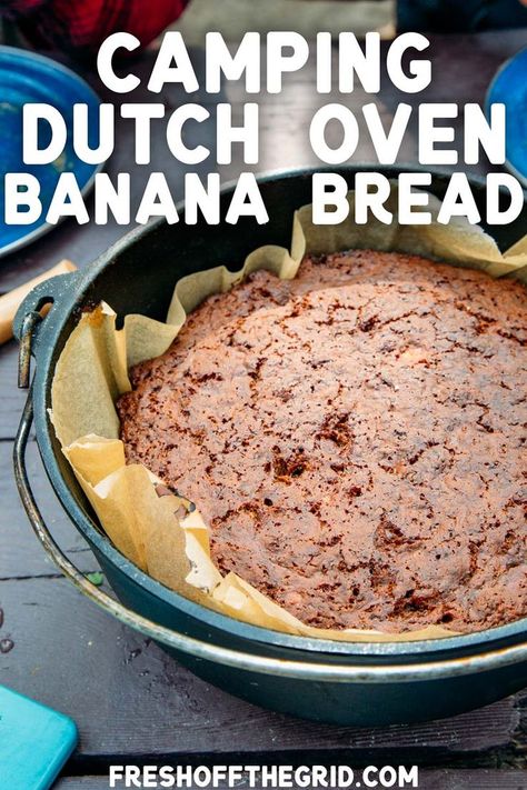 You have a mug of coffee, there's a campfire crackling - the only thing missing from your camping morning routine is this banana bread!    This easy Dutch oven banana bread will be a welcome addition to your camping breakfast menu! It's tender, perfectly sweet, and uses simple ingredients, so it's a snap to make. Dutch Oven Stove Top Bread Recipes, Mini Dutch Oven Recipes, Dutch Oven Dessert Recipes, Camping Dutch Oven, Oven Desserts, Glamping Recipes, Dutch Oven Desserts, Creuset Recipes, Camp Meals