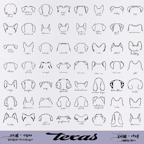 Hand drawn dog breed ears SVG bundle. Perfect for creating unique and personalized pet-themed designs. Includes 100+ vector files in outline style. Great for t-shirts, mugs, wall art, and more. #svg #dog #breed #ears #tattoo . #Croquis #Outline_Dog_Ears_Tattoos #Basset_Hound_Ear_Tattoo #Outline_Animal_Tattoo One Floppy Ear Dog Tattoo, Pointy Dog Ear Tattoo, Simple Line Dog Tattoo, Dog Ear Drawing Reference, Tattoo Idea For Your Dog, Minimal Dog Tattoo Pitbull, Flash Dog Tattoo, Dog Ear Silloettes Tattoo, Great Dane Ear Outline Tattoo