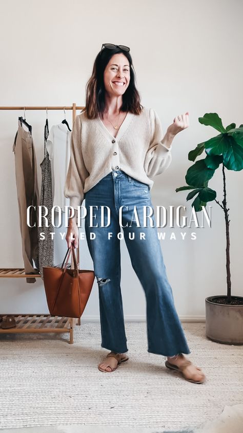 Button Up Cropped Cardigan, Cropped Button Cardigan Outfit, Cardigans With Skirts Outfit, Cropped Cardigan Outfit Work, How To Wear Brown Cardigan, Cardigan And Flare Jeans Outfit, Tan Cropped Cardigan Outfit, Carmel Cardigan Outfits, Cropped V Neck Cardigan Outfit