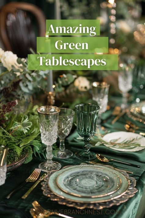 Explore the beauty of green table settings for your next dinner event. Our curated ideas blend shades like emerald, sage, and olive, bringing a touch of sophistication and tranquility to weddings or intimate gatherings. Discover how these dark, rich greens can transform your tablescape. Thanksgiving Green Table Setting, Green Table Settings Christmas, All Green Tablescape, Christmas Table Green And Gold, Christmas Tablescapes Ideas Elegant, Mrs Alice Tablescape, Christmas Table Settings Green, Sage Centerpiece, Sage Green And Gold Wedding Theme