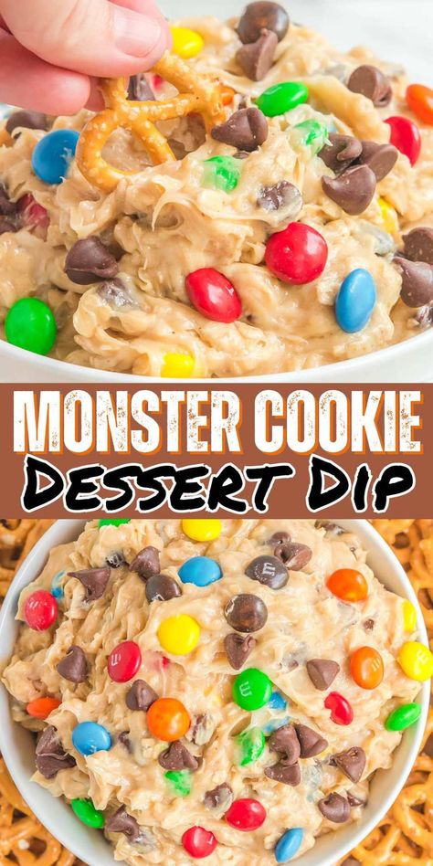 Fun Deserts With Kids, Dips And Snacks, Snacks For Friends, Football Dessert Dip, Monster Cookie Dessert Dip, Monster Cookie Dip Recipe, Candy Dips, Monster Dip Recipe, Dessert Pretzels