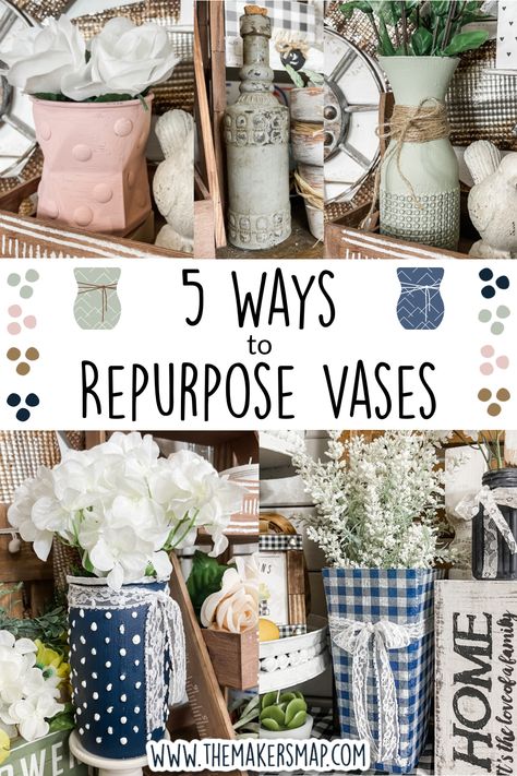 5 Ways to Repurpose Vases Vase Crafts For Kids, Repurpose Vases, Crafts For Kids Easy Diy, Diy Crafts Vases, Homemade Vase, Flower Vase Crafts, Farmhouse Vases, Vases Ideas, Vase Project