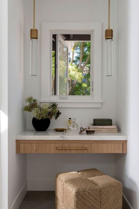 The Ainsley Stool from the @kirk_nix collection adds natural texture and comfort to this vanity nook. Its low profile makes it the perfect complement to small spaces where it can be easily tucked away when not in use.  #Palecek // @kirk_nix Collection // Design: @emerson.gracedesign // Photography: @jessicabrydsonphotograph