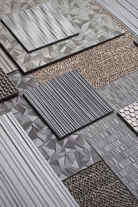 Forms+Surfaces Bonded Metal patterns Exterior Feature Wall, Metal Material Texture, Design Center Showroom, Materials Board Interior Design, Metal Wall Panel, Metal Pattern, Architectural Materials, Cmf Design, Metal Cladding