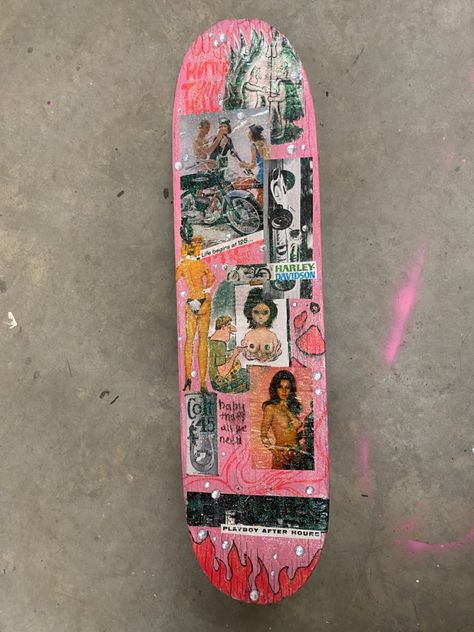 Skateboard Art Aesthetic, Skateboard Y2k, Painting Ideas On Skateboard, Y2k Skateboard, Skateboards Aesthetic, Painted Skateboard Ideas, Art On Skateboard, Y2k Skateboard Design, Decorated Skateboard