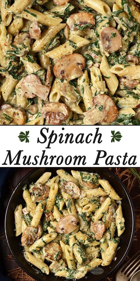 Mushroom Spinach Pasta Spinach And Macaroni Recipes, Sauteed Mushroom And Spinach Recipes, Vegetarian Dinner Recipes With Mushrooms, Yummy Mushroom Recipes, Baked Pasta With Sausage And Spinach, Mushroom Gorgonzola Pasta, Spiral Noodles Recipes, Saute Mushroom Recipes, Quick And Easy Mushroom Recipes