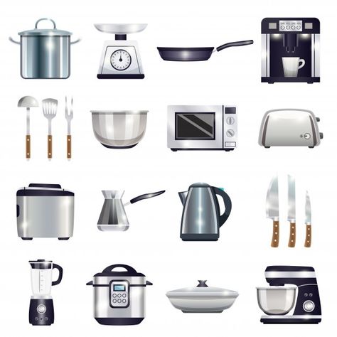 Kitchen accessories set Free Vector | Free Vector #Freepik #freevector #food #coffee #kitchen #house Small Kitchen Accessories, Breakfast Sandwich Maker, Galley Kitchens, How To Make Smoothies, Compact Kitchen, Galley Kitchen, Contemporary Kitchen Design, Knife Set Kitchen, Kitchen Equipment