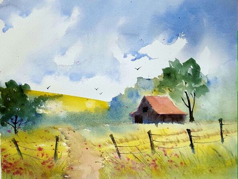 Watercolor Barns, Watercolor Scenery, Watercolor Art Landscape, Watercolor Art Paintings, Watercolor Paintings For Beginners, Watercolor Pictures, Watercolour Inspiration, Watercolor Paintings Easy, Watercolor Painting Techniques