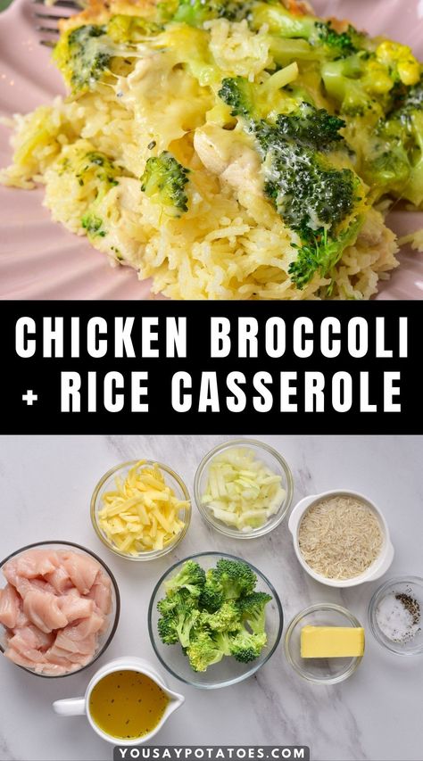 Plate of casserole, plus ingredients, and title: Chicken, Broccoli, and Rice Casserole. Chicken Broccoli Rice Alfredo Casserole, Chicken Breast Broccoli Rice Casserole, Chicken Broccoli Rice Cheese Casserole Without Cream Soup, Chicken Broccoli Rice Recipes, Chicken Rice Broccoli Casserole Bake, Chicken Rice And Broccoli Recipes, Broccoli Rice Recipes, Chicken Broccoli Rice Bake, Chicken Rice Broccoli Casserole