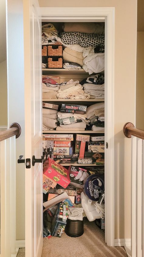 Organizing Deep Closets, Game Storage Closet, Big Closet Organization, Game Closet Organization, Small Deep Closet, Linen Closet Organization Hallway, Hall Closet Organization, Game Closet, Storage Closet Shelving