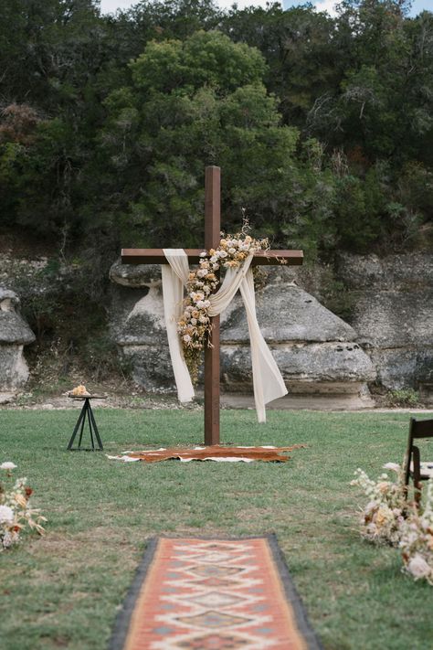 Western Wedding Arbor Ideas, Bride On Right Side Of Alter, Wooden Cross Wedding Arch, Wooden Benches For Wedding, June Wedding Ideas Outdoor, Beach Wedding Cross Altar, Wedding Cross Altar Diy, Flower Stands For Wedding Ceremony, Wedding Altar Diy