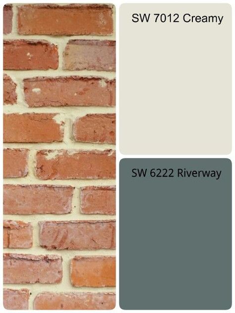 Riverway shutter color Front Door Colors With Brick Exterior, Cream And Brick Exterior, Old Chicago Brick Exterior Paint Colors, Orange Brick Color Palette, Green House Exterior Paint Colors, Shutter Colors For Cream Siding, Half Brick Half Siding Exterior, Orange Brick Houses, Brick House Colors