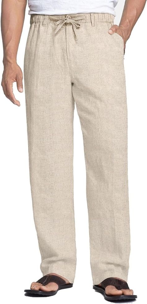 COOFANDY Men's Linen Cotton Pants Drawstring Waist Modern Waistband Trousers (Khaki, L) at Amazon Men’s Clothing store Cotton Pants Men, Linen Beach Pants, Casual Linen Pants, Mens Linen Pants, Casual Summer Pants, Linen Drawstring Pants, Cotton Linen Pants, Pants Elastic Waist, Mens Linen