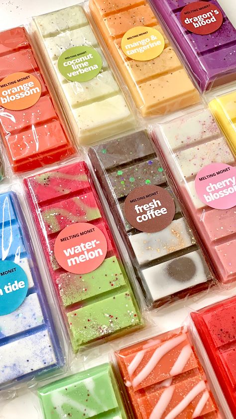 Shop the different fragrances that will make your home smell amazing. Made with 100% Soy Wax Wax Melt Snap Bar Ideas, Wax Melt Business Ideas, Wax Melt Snap Bars, Snap Bar Wax Melts, Unique Wax Melts, Candle Ideas Creative, Wax Melts Ideas, Waxmelts Ideas, Wax Melt Display