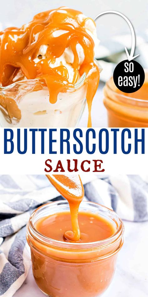 Homemade Butterscotch Sauce is a quick and easy treat made in less than ten minutes. It’s a silky smooth sauce with flavors of brown sugar and butter, and is delicious on ice cream, pie, and so much more. Butterscotch Sauce Recipe, Butterscotch Sauce Recipes, Marshmallow Sauce, Homemade Butterscotch, Butterscotch Ice Cream, Ice Cream Sauce, Sweet Sauces, Ice Cream Pie, Butterscotch Sauce