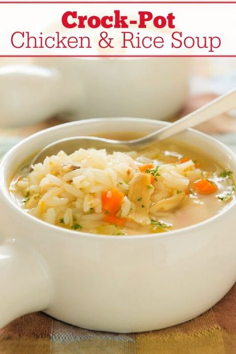 Crock-Pot Chicken & Rice Soup - This recipe for Crock-Pot Chicken & Rice Soup is a warm meal that will hit the spot for those cold fall or winter days! [Gluten Free, Low Calorie, Low Carb, Low Fat, Low Sugar & Weight Watchers friendly!] #CrockPotLadies #CrockPot #SlowCooker #Soup #ChickenRecipes #ComfortFood #KidFriendly #WeightWatchers Low Fat Crockpot Recipes, Crockpot Chicken Rice Soup, Rice Soup Crockpot, Slow Cooker Chicken Rice, Low Calorie Soup Recipe, Low Fat Soups, Chicken Soup Crockpot, Gluten Free Soup Recipes Glutenfree, Low Calorie Chicken