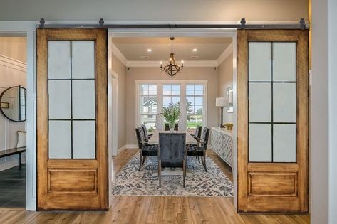 Dining Room With Double Doors, Add Doors To Dining Room, French Barn Door, Adding Doors To Dining Room, Barn Doors For Office, French Door Dining Room, Double French Doors Living Room, Slider Door Ideas, Barn Door With Glass Panels