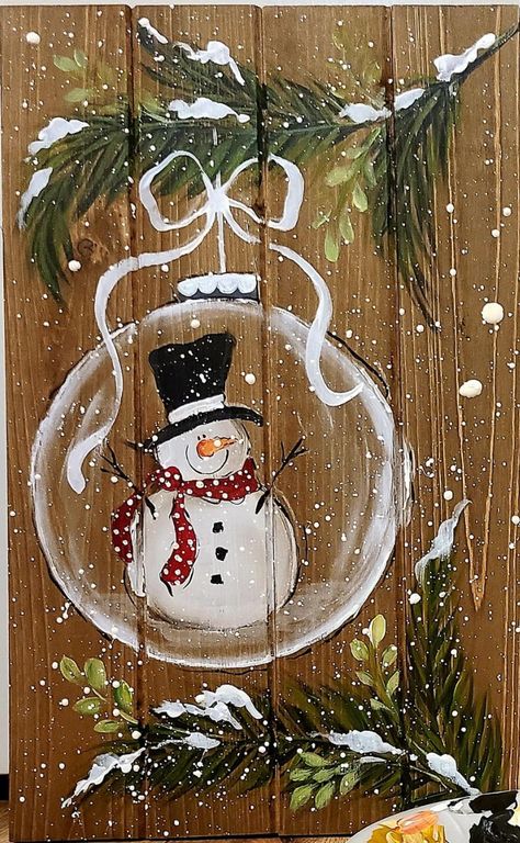 Rock Snowman Craft, Snowmen Paintings On Wood, Christmas Paintings Snowman, Painting Snowmen On Wood, Winter Paintings On Wood, Christmas Painting Crafts For Adults, Painted Christmas Scenes On Wood, Tole Painted Ornaments, Painted Wooden Snowman