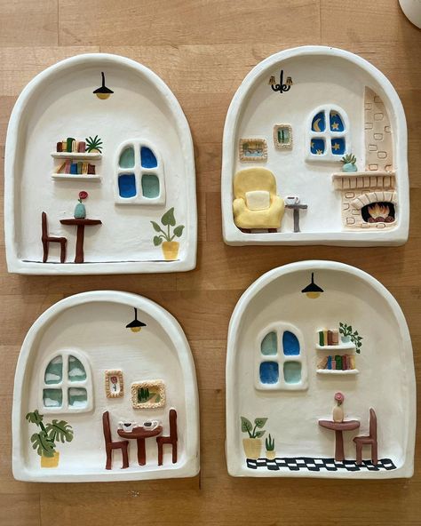 Hazel Brady | More Wall Hangings! 🖼 #ceramic #pottery #ceramicart #art #ceramicstudio #claysculptures #sculpture #handbuildingpottery #handbuiltclay… | Instagram Ceramic Wall Art Sculpture, How To Make Ceramic, Clay Wall Hanging, Diy Air Dry Clay, Air Dry Clay Projects, Clay Diy Projects, Clay Crafts Air Dry, Clay Houses, Keramik Design