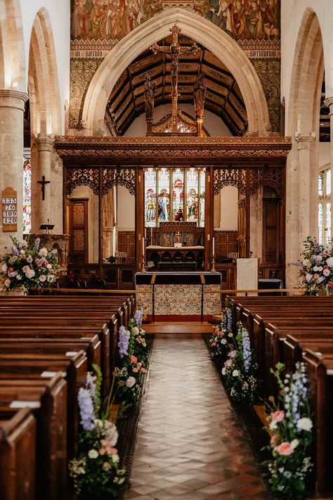 Blue and pink wildflowers decorating the church wedding aisle for a traditional religious ceremony Church Wedding Aisle, Wedding Decor Aisle, Small Church Weddings, Church Aisle Decorations, Wedding Church Aisle, Church Aisle, Pink Wildflowers, Wedding Church Decor, Church Wedding Flowers