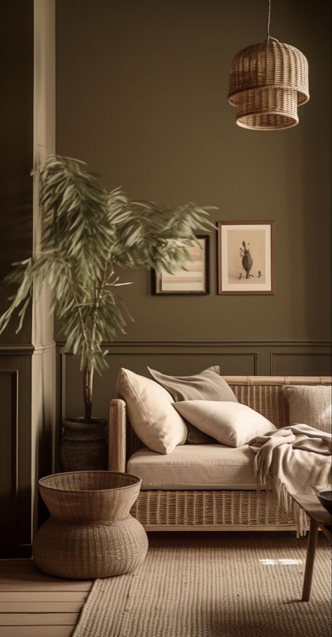 Earthy brown walls with a soft cream-colored linen sofa, rattan accents, and muted green foliage. Olive Green Interior Design, Olive Green Interior, Brown Walls Living Room, Rattan Accents, Sofa Rattan, Olive Green Walls, Green Interior Design, Living Hall, Cream Sofa