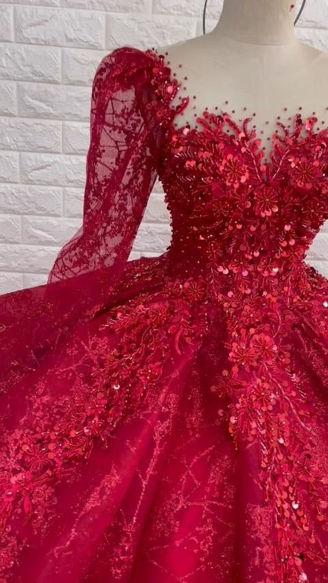 Splendid long sleeves red sparkle ball gown wedding dress with beadings u0026 glitter tulle Red Quince Dress, Red Ball Dress, Debut Gowns, Red Wedding Gowns, Red Ball Gowns, Red Ball Gown, Paddy Kelly, Sparkle Ball, Red Quinceanera Dresses