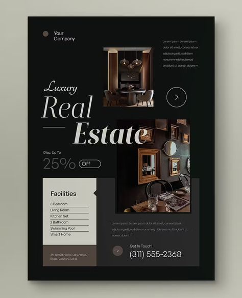 Black Geometric Luxury Real Estate Flyer Template AI, PSD Luxury Flyer Design, Luxury Real Estate Brochure, Real Estate Flyer Design, Email Flyer, Real Estate Design, Flyer Real Estate, Getting Into Real Estate, Real Estate Marketing Design, Real Estate Rentals