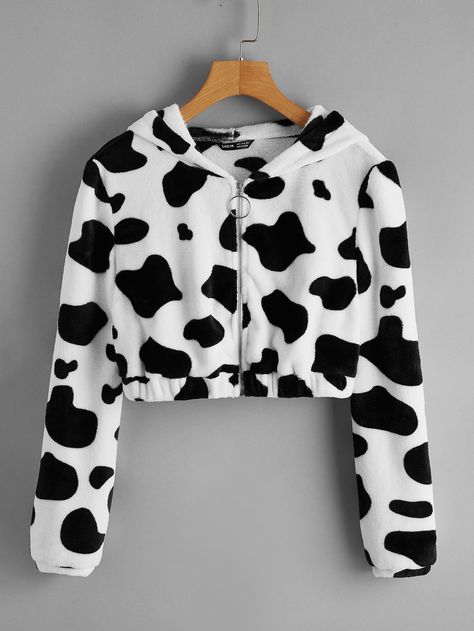 Cow Pattern Zip Up Hooded Teddy Jacket | SHEIN USA Cow Outfits, White Faux Fur Coat, Women Fall Tops, Fall Hoodies, Sweatshirt Cute, Teddy Jacket, Cute Blouses, Really Cute Outfits, Print Pullover