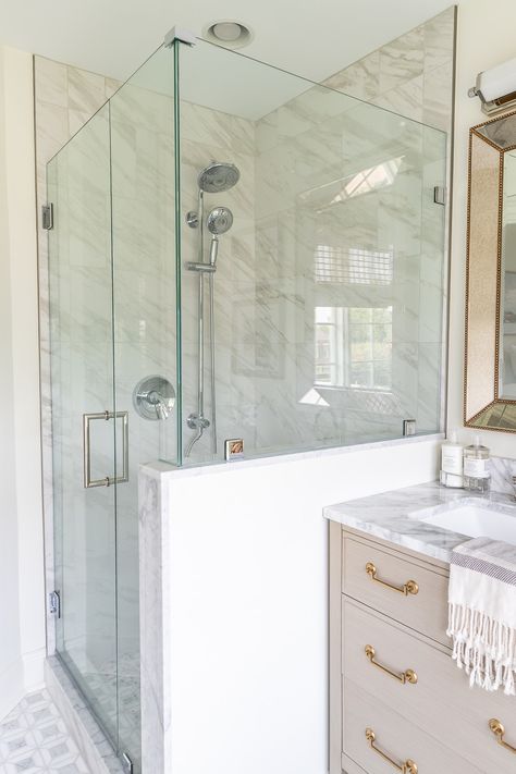 Glass Shower Wall, Carara Marble, Guest Bathroom Renovation, Shower Renovation, Shower Installation, Shower Cabin, Shower Niche, Large Format Tile, Gorgeous Bathroom